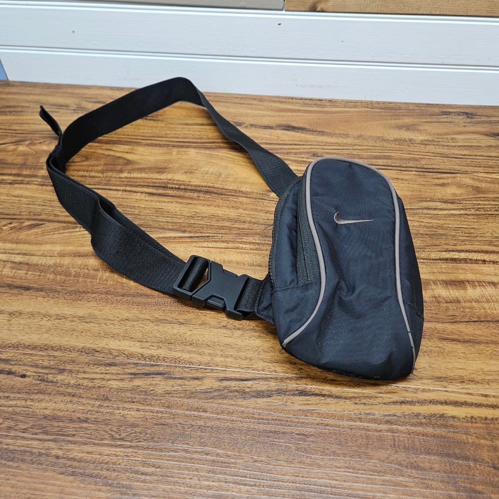Nike Black Canvas Crossbody Sling Bag Tan Trim Mesh Back Adjustable Strap